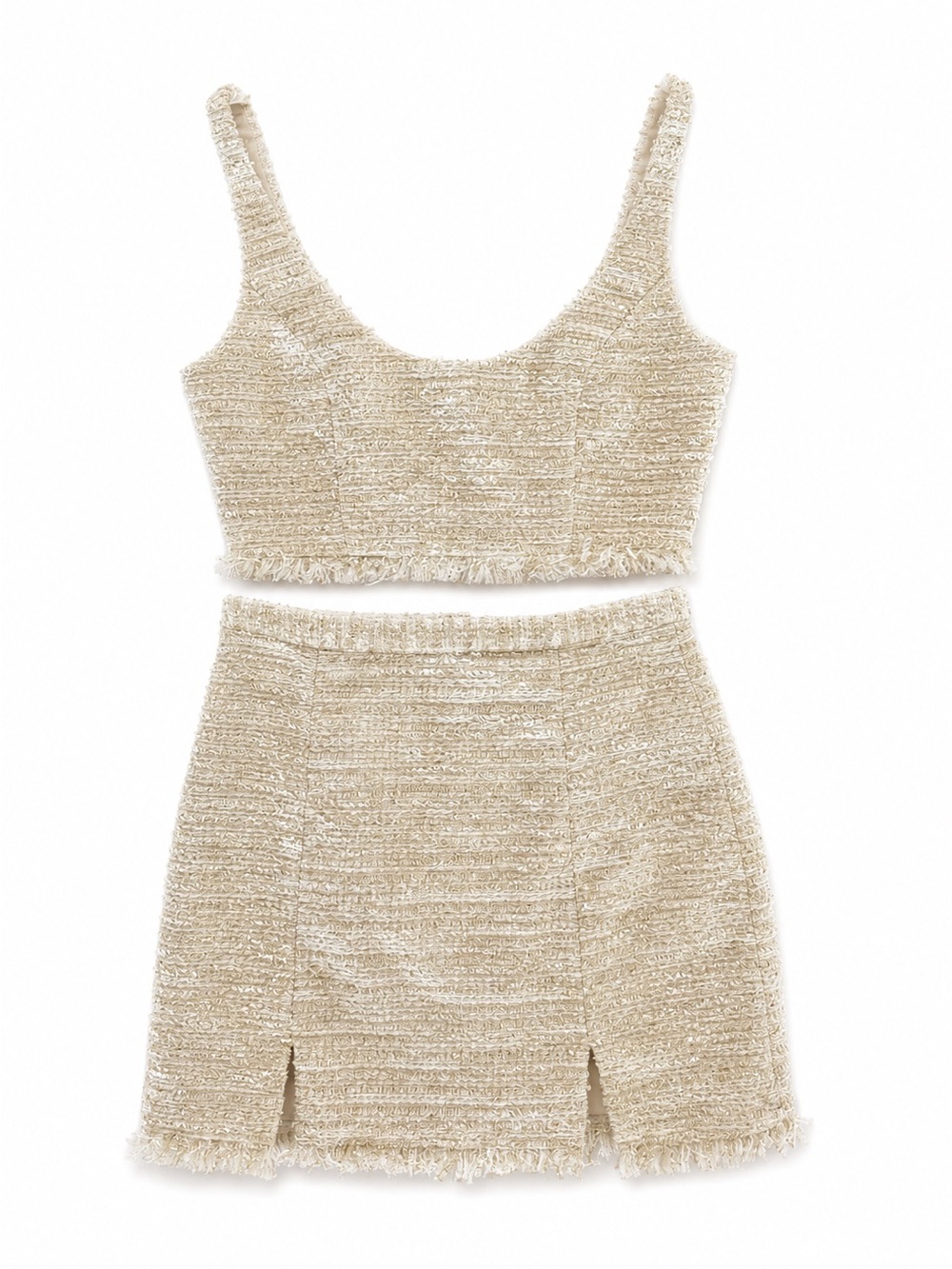 NBD Cream Fringed Sequin Knit Skirt Set